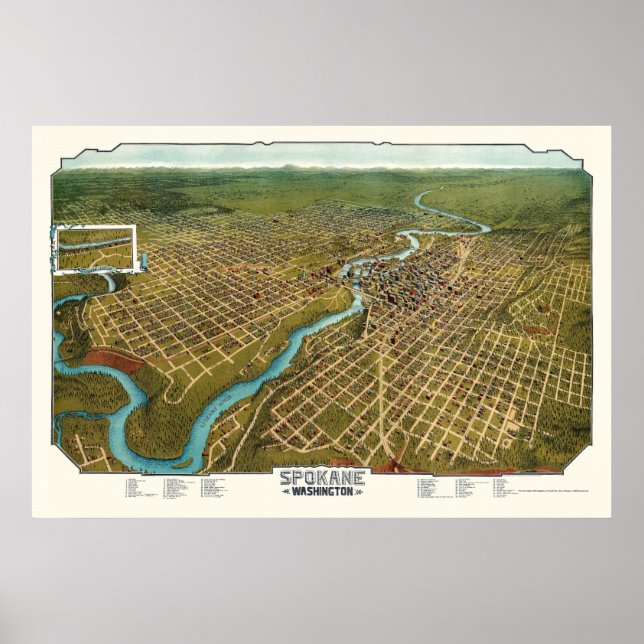 Poster Spokane, Mapa Panorâmico do WA - 1905 (Frente)