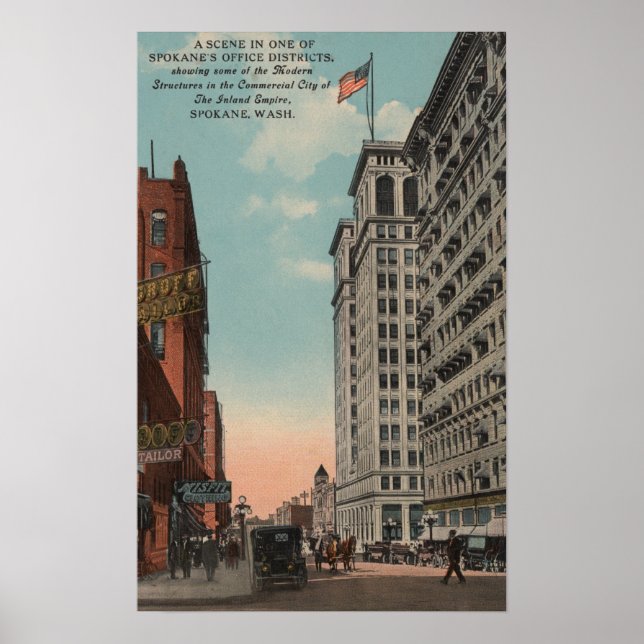 Póster Spokane, WA - Vista de Centro com Horsecarts (Frente)