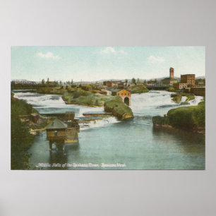 Poster Spokane, WA - vista de quedas & de rio do meio