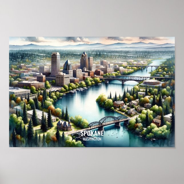 Poster Spokane Washington Famoso Viagem Places aquarela (Frente)