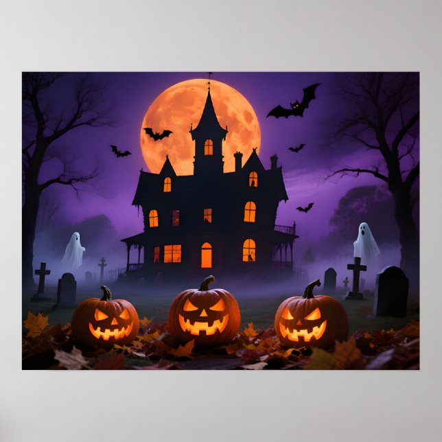 Poster Spooky Gothic Manor with Ghosts and Graveyard (Frente)