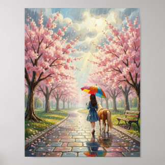 Poster Spring - Girl with Umbrella and Pony in Rainy Park