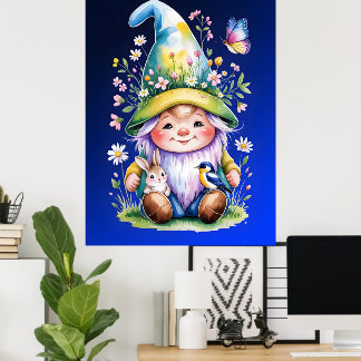 Poster Spring Gnome with Bunny and Bluebird