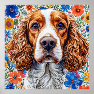 Poster Springer Spaniel com Fundo Floral Colorido