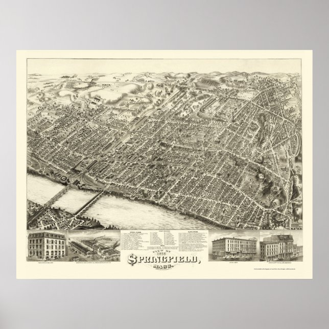 Poster Springfield, Mapa Panorâmico do MÃE - 1875 (Frente)