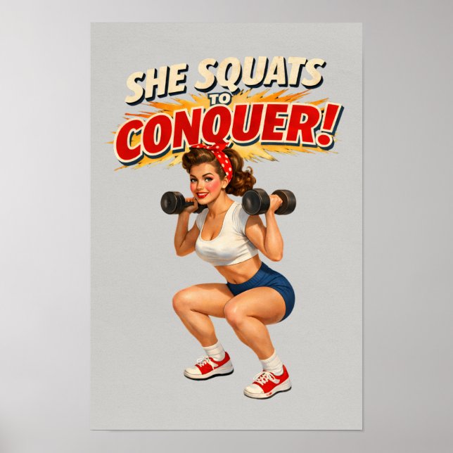 Poster Squats To Conquer -Funny Retro Fitness Pin-Up- Gym (Frente)
