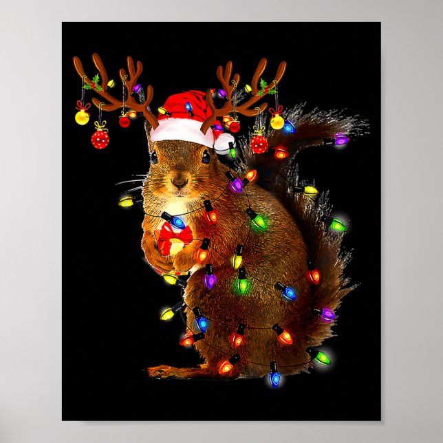 Poster Squirrel Christmas Tree Lights Reindeer Santa Hat  (Frente)