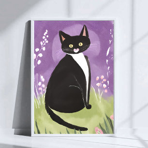 Poster Sr. Chonk   Gato Tuxedo Aquarela Roxa