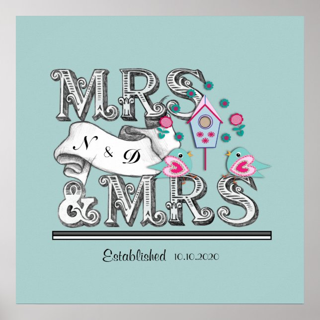 Póster Sra. e Sra. Personalizada Gift de Casamento Lésbic (Frente)