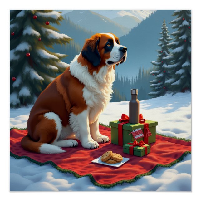 Póster St. Bernard Winter Picnic Christmas Painting (Frente)