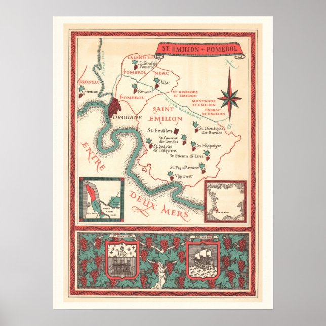 Poster St. Emilion Bordeaux Wine Map Print (Frente)