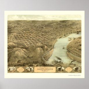 Póster St Joseph, mapa panorâmico do MO - 1868