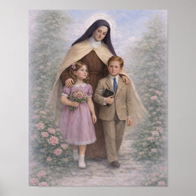 Poster St. Therese Guiando Crianças Rosas Católico (Frente)