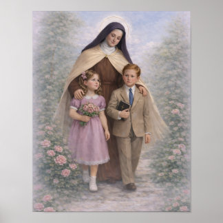 Poster St. Therese Guiding Children Roses Catholic