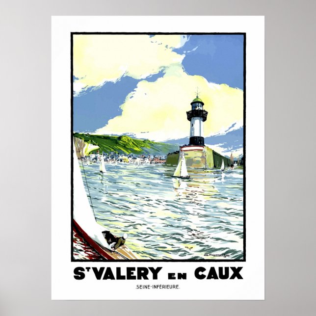 Poster St. Valery en Caux, água, farol, barco à vela (Frente)