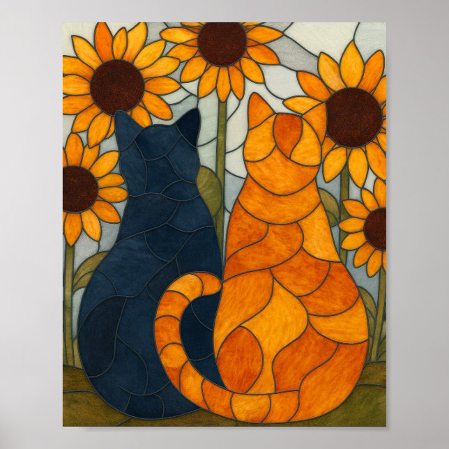 Poster Stained Glass Cats and Sunflowers Art Design (Frente)