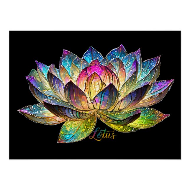 Póster Stained Glass Colorful Lotus Flower on Black (Frente)