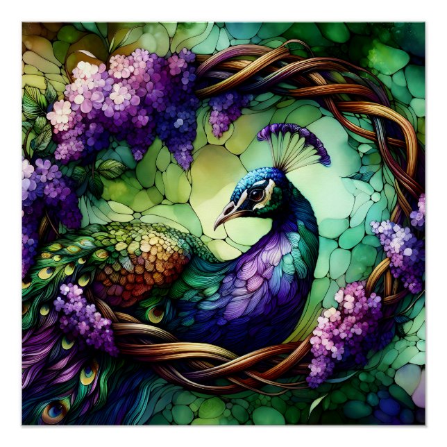 Póster Stained Glass Peacock Floral Wreath Art (Frente)
