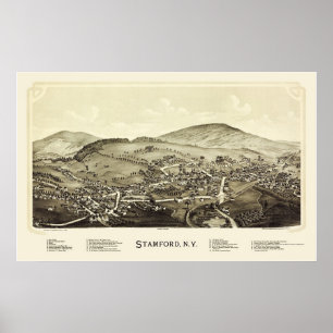 Póster Stamford, mapa panorâmico de NY - 1890