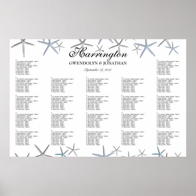 Poster Starfish Borders Beach Weding Seating Chart (Frente)