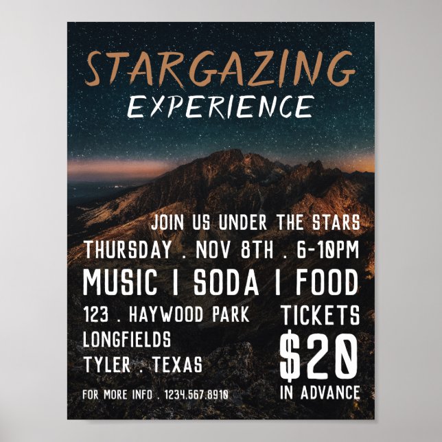 Poster Stargazer de Montanha, Anúncio de Eventos Planetár (Frente)