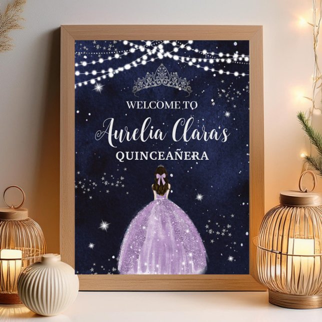 Poster Starnight Purple Lilac Vestido Silver Quinceañera (starry-night-silver-fairy-lights-purple-lilac-dress-princess-girl-quinceanera-sweet-16-birthday-sign)