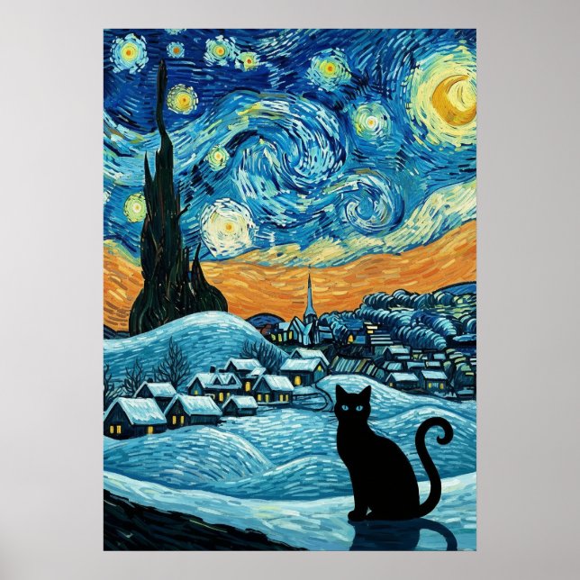 Poster Starry Night Cat Van Gogh Inspired Starry Sky (Frente)