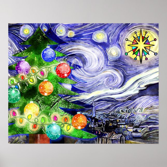 Poster Starry Night Christmas Tree Watercolor (Frente)
