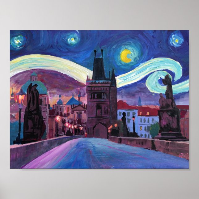 Poster Starry Night em Praga no Charles Bridge (Frente)