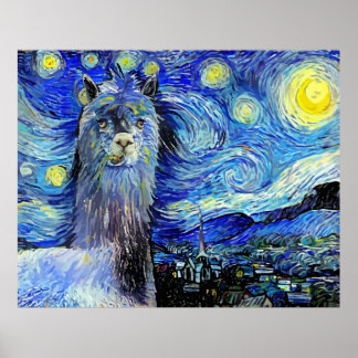 Poster Starry Night Funny Alpaca Landscape Parody
