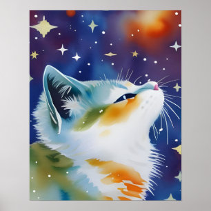Poster Starry Night Gatinho Watercolor
