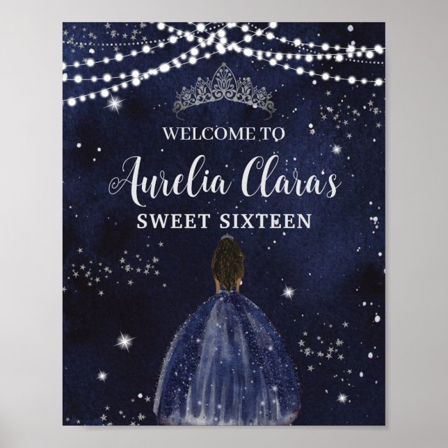 Poster Starry Night Navy Blue Silver Sweet 16 Brown Girl (Frente)