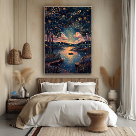 Poster Starry Night River no estilo Pointillist