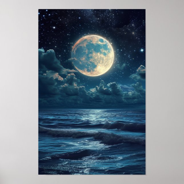 Poster Starry Night Sky Full Moon Sea Realist Art Poste (Frente)