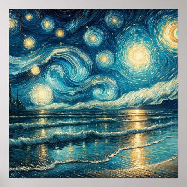 Poster Starry Night Sky sobre Oceano Calmo (Frente)