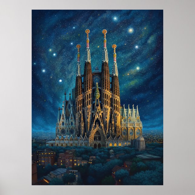 Poster Starry Night Sobre Sagrada Familia Barcelona (Frente)