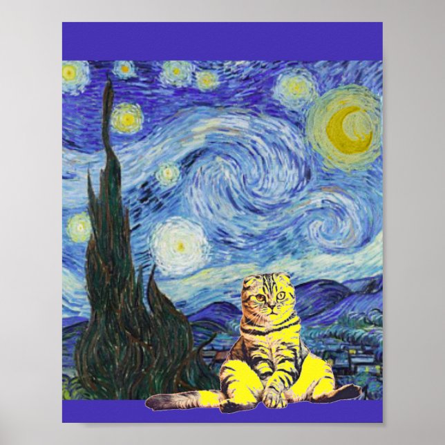 Poster Starry Night, Van Gogh, Cat Art Parody (Frente)