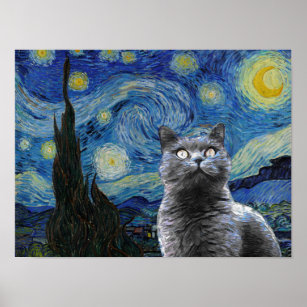 Poster Starry Night Vincent Van Gogh Gogh Cute Cat Kitten