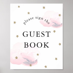 Poster Stars Pink Clouds Baby Shower Guest Book Sign