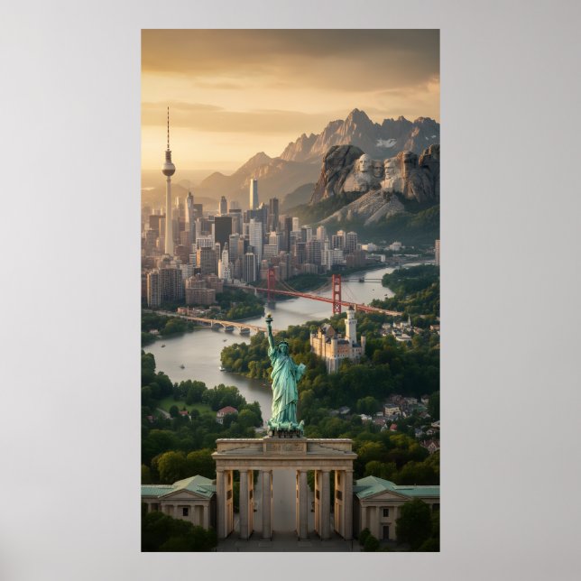 Poster Statue of Liberty and Global Landmarks Fantasy  (Frente)