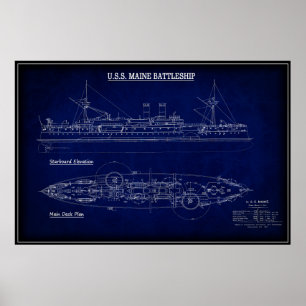 Poster Steam Battleship USS MAINE Blueprint 1894