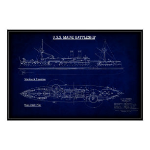 Póster Steam Battleship USS MAINE Blueprint 1894