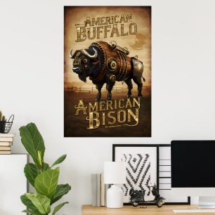 Poster Steampunk Bison na Prairie