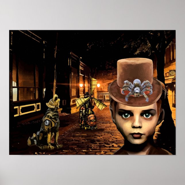 Poster Steampunk Boy E Robot Dog Original Scifi Fantasy (Frente)