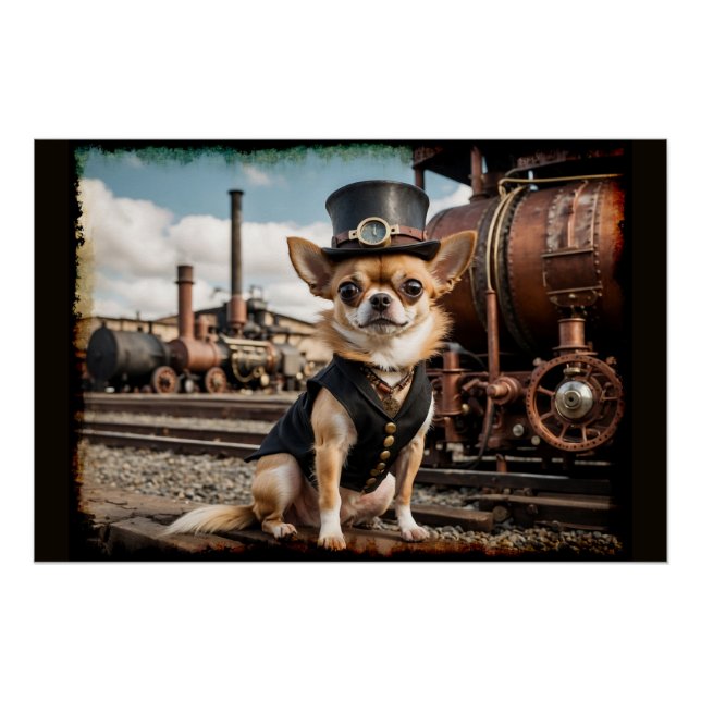 Póster Steampunk Chihuahua e Train (Frente)