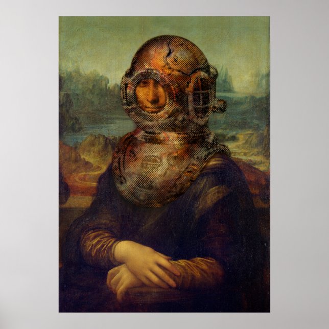 Póster Steampunk da Vinci Mona Lisa Divers Capacete Pop A (Frente)