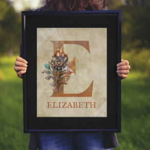 Poster Steampunk Floral - Letra E