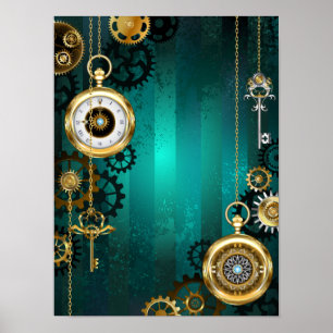 Poster Steampunk Jewelry Watch em um fundo verde