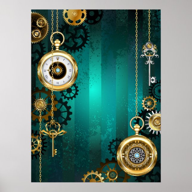 Poster Steampunk Jewelry Watch em um fundo verde (Frente)