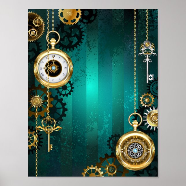 Poster Steampunk Jewelry Watch em um fundo verde (Frente)